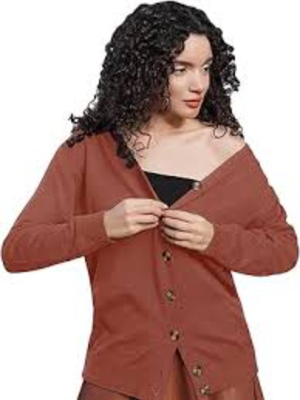 Zaful Women Rust Red V-Neck Button Cardigan Sweater Size Small